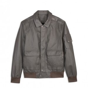 Áo khoác da ghi xám cổ bẻ che khuy cúc bấm tay áo